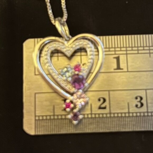 Sterling Silver Double Open Heart Pendant w/ Multicolor Sapphires & 18" Chain - Picture 4 of 9